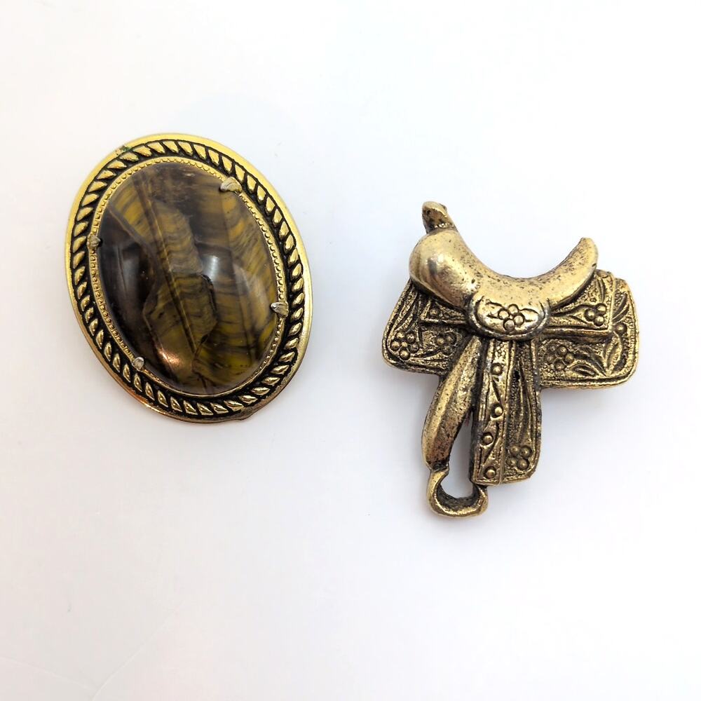 VTG Bolo Tie Clip Lot Set Tiger's Eye Gemstone Oval & Saddle Gold Tone Western